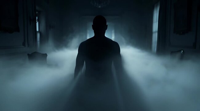 A lone silhouette of a powerful man emerges from a heavy mist in a grand, dimly lit chamber, bathed in dramatic light, symbolizing a journey, mystery, and an impactful presence