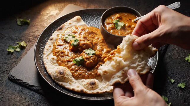 Close-up Cinematic Shot of Hand Dipping Naan Bread into Delicious Chicken Curry