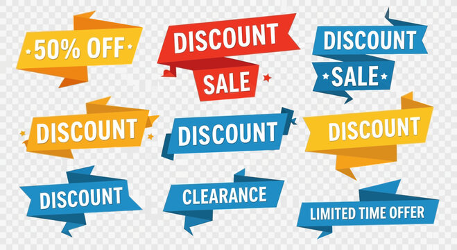 Colorful discount sale banners and ribbons on transparent background