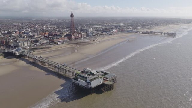 Establishing aerial view of Blackpool, seaside town in Lancashire, England, United Kingdom.