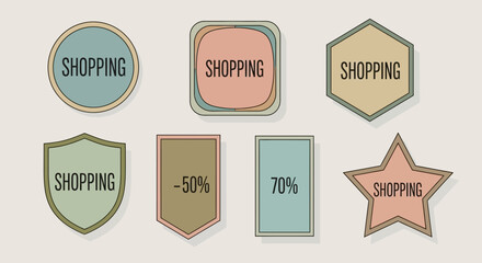 Collection of shopping badges and discount labels in various shapes and colors