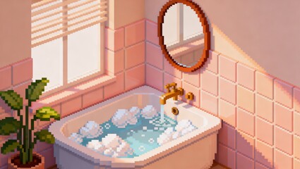 パステルタイルと泡風呂があるリラックスできるピクセルバスルーム