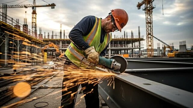 A construction worker grinding metal, sparks flying in an industrial setting.