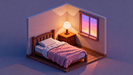 パステル夕焼けの窓と暖かいランプ光に包まれたアイソメトリックなピクセル寝室