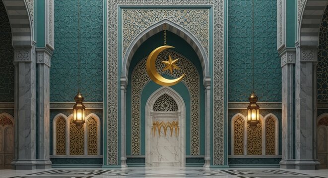 Islamic mosque interior archway with crescent moon and lanterns isolated on transparent background