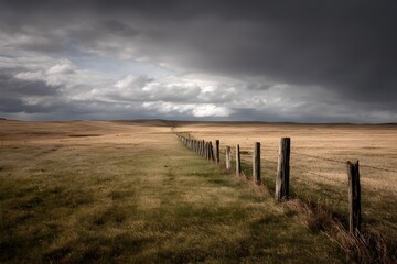 Obraz premium Wide Open Farmland Landscape Soft Gradient Sky Weathered Fence Rural Countryside Serenity Agricultural Wallpaper Panorama
