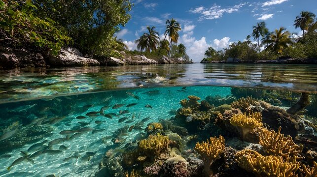 Underwater lagoon view with coral gardens and tropical fish, vibrant marine life snorkeling paradise scene