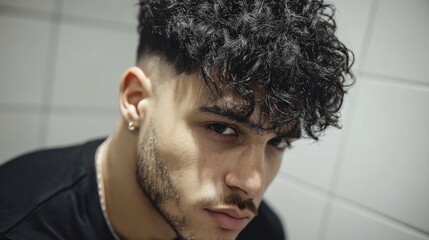 Obraz premium Young man with curly hair and a confident expression, showcasing a bold style in an urban setting with a tiled background