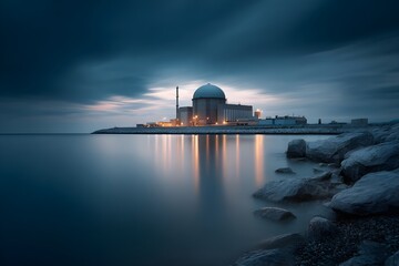 Obraz premium Sleek Nuclear Installation On Coastal Horizon Under Twilight For Modern Energy Infrastructure Concept Imagery