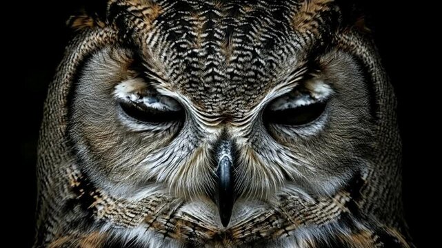 Close-up portrait of a serene owl with intricate feather patterns.
