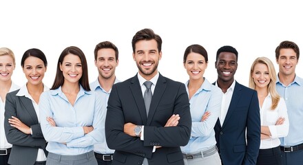 A diverse group of business professionals standing together in a line, smiling and looking at the camera.