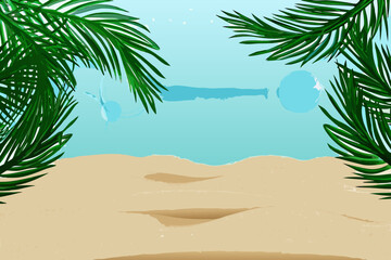 Obraz premium Tropical beach scene with palm leaves framing a sunny sky and ocean
