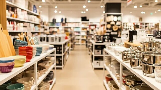 Bright, organized kitchenware store with various cooking items on display.