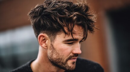 Obraz premium Stylish young man with tousled hair reflecting thoughtfully in a casual urban setting with blurred background elements