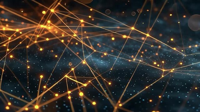 Abstract golden digital network connection with glowing lines and dots in 8k ultra hd cinematic high resolution style on dark background