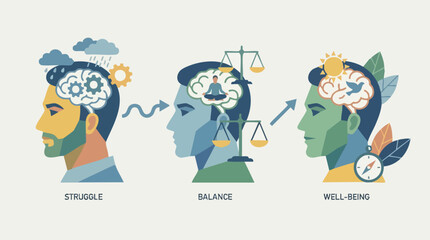 Fototapeta premium Mental Health Journey From Struggle to Well-being Depicted Through Human Heads.