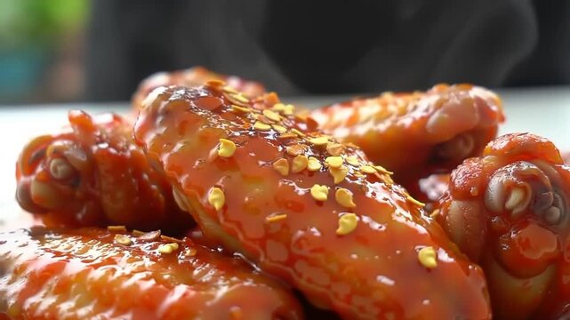 Spicy BBQ chicken wings closeup.