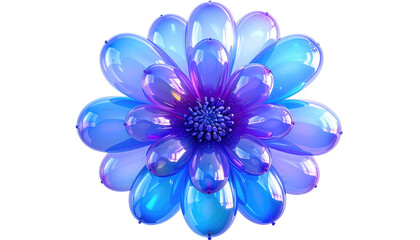 Fototapeta premium Glossy flower render. Opalescent blue, purple petals radiating from textured center on a transparent backdrop