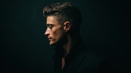 Obraz premium Elegant Profile of a Stylish Man with Short Hair in Dramatic Lighting Against a Dark Background