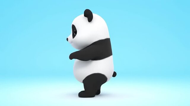 Cute cartoon panda standing, profile view, 3D rendering, soft light, isolated on blue background, modern style, friendly and inviting mascot