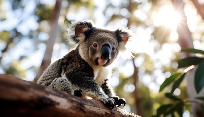 Fototapeta premium Close-up koala perched on a eucalyptus branch with backlit sun and soft bokeh forest background.