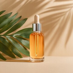 Naklejka premium cosmetic oil bottle with pipette dropper standing on tan background. skin care concept. Natural cosmetic. Modern beauty trend.