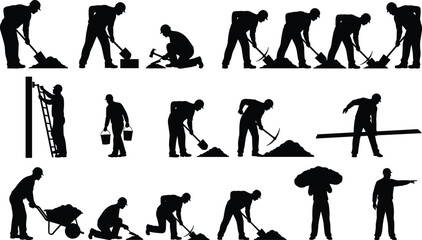 Construction worker silhouettes, shovel digging, bucket carrying, ladder climbing, wrench holding, pickaxe swinging, mining labor, teamwork illustration artwork design © MstNilufar