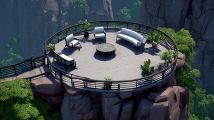 Fototapeta premium Scenic Outdoor Patio with Seating Area and Mountain View Surrounded by Lush Greenery and Natural Rocks