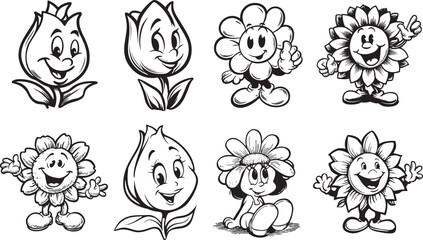 Vintage Cartoon Flower Mascot Characters Black and White Set