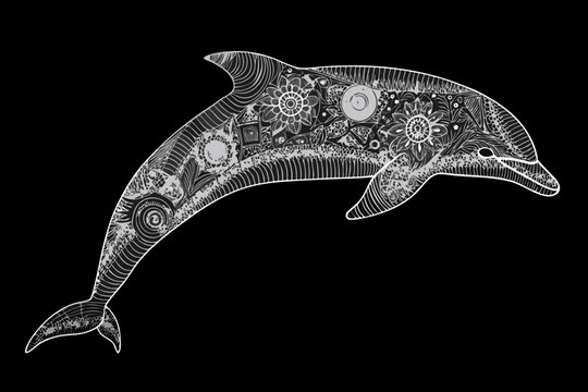 An intricately patterned dolphin leaps from a dark solid background