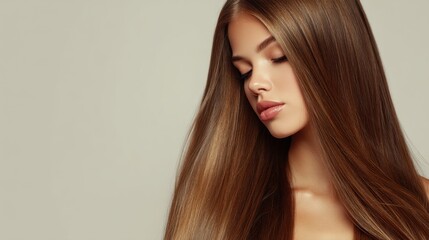 Naklejka premium Young Woman with Long, Silky Hair and Serene Expression Against a Neutral Background in Natural Light
