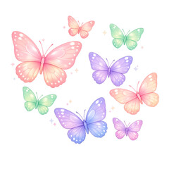 Fototapeta premium pastel butterfly collection, pastel butterflies, butterfly illustration, glowing butterflies, subtle glow, soft aesthetic, dreamy butterflies, delicate wings, whimsical illustration, magical butterfli