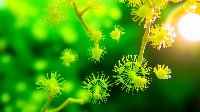 Green and yellow algae cells with intricate structures, illuminated by a bright light source, against a blurred green background.