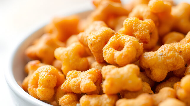 Fried and Spicy ABCD, Alphabet Snacks or Fryums (Snacks Pellets) served in a white bowl. selective focus - Image