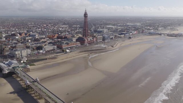 Establishing aerial view of Blackpool, seaside town in Lancashire, England, United Kingdom.