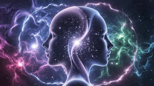 Vibrant illustration of two human heads with glowing neural connections in space