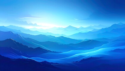 Obraz premium Silhouetted mountain ranges recede into a hazy, blue distance beneath a sunlit sky, creating a serene atmosphere