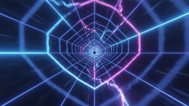 Abstract futuristic tunnel with glowing neon blue and pink light lines.
