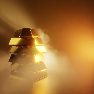Gleaming gold ingots materialize from a soft, radiant golden mist, creating an opulent and mysterious visual. Represents wealth and luxury, materializing, abstract, ascending