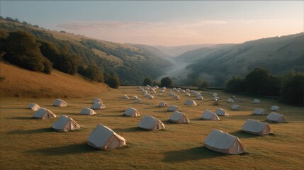Tranquil Campsite in Scenic Valley Surrounded by Lush Green Hills and Morning Mist Under a Soft Sunrise Sky