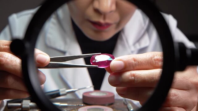 Professional Gemologist Inspecting a Large Pink Ruby with Tweezers and Magnifying Glass
