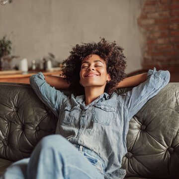 Happy afro american woman relaxing on the sofa at home - Smiling girl enjoying day off lying on the couch - Healthy life style, good vibes people and new home concept