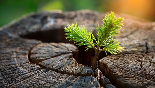 tiny tree bravely pushing through aged weathered stump old stump fresh