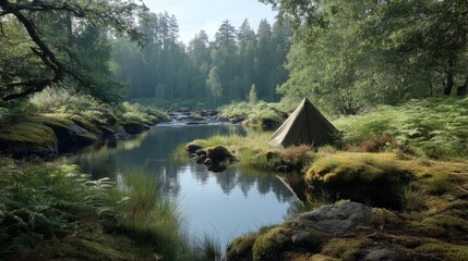 Obraz premium Tranquil Campsite Surrounded by Lush Greenery and Serene Waters in a Peaceful Forest Landscape