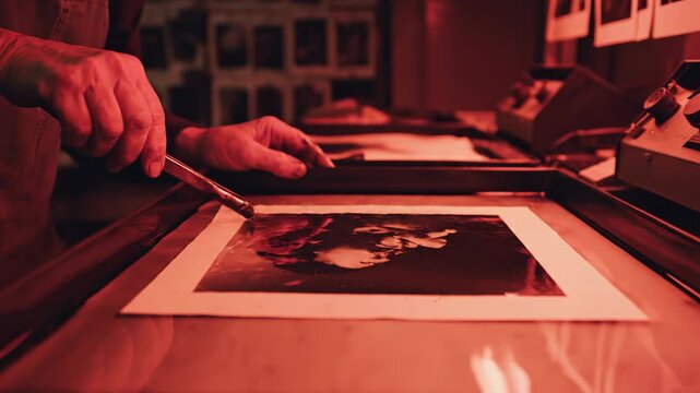Senior Photographer Developing Analog Black and White Photo in Red-Lit Darkroom