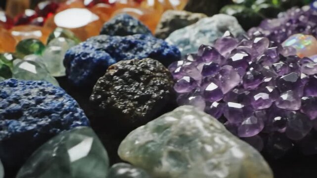 A vibrant collection of sparkling, colorful gemstones and crystals arranged