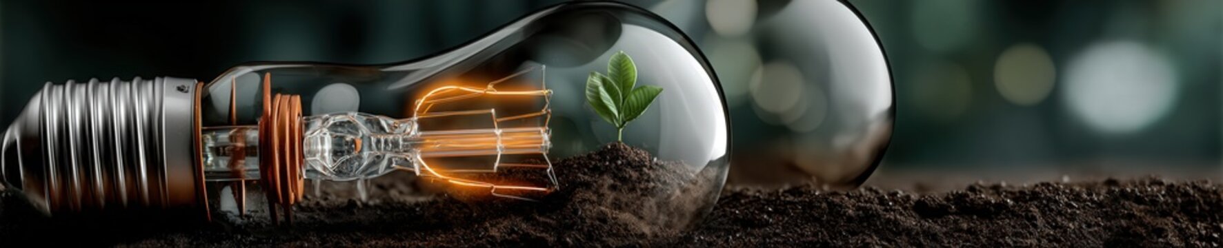 Close up of lightbulb on fertile soil with green sapling growing inside glowing warm light bokeh forest background renewable energy.