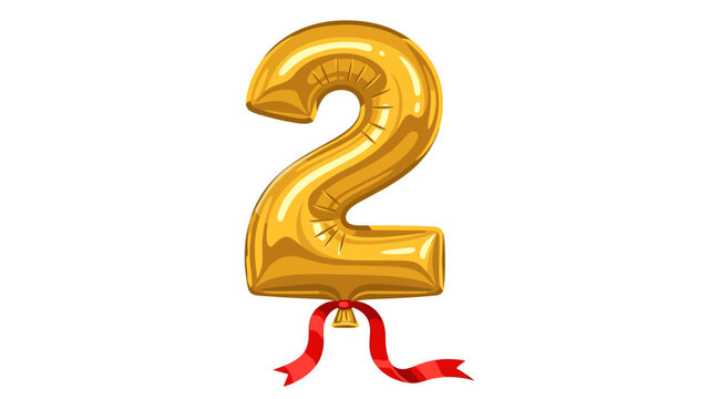 Golden Number 2 Balloon with Red Ribbon, 3D Render Typography Illustration for Celebration, Anniversary, or Birthday Mockup