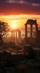 Fototapeta premium Ancient stone ruins glow under the warm light of a setting sun
