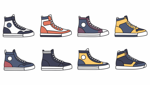 High Top Sneakers Vector Illustration Set, Casual Footwear Collection, Fashion and Style Graphics, Apparel Design Elements